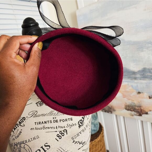 VTG Retro Wool Felt Mesh Bow Accent Pillbox Stylish Beret Hat. - Picture 8 of 15